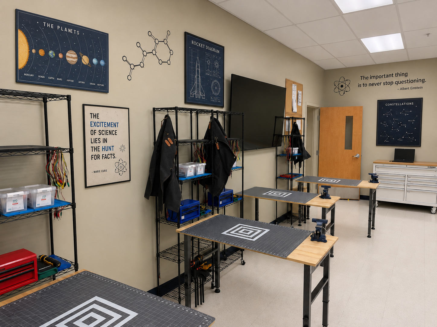 Aerospace-themed FabLab wall with science and engineering posters.