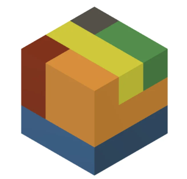 Example assembled five-piece color-coded puzzle cube shown in isometric view