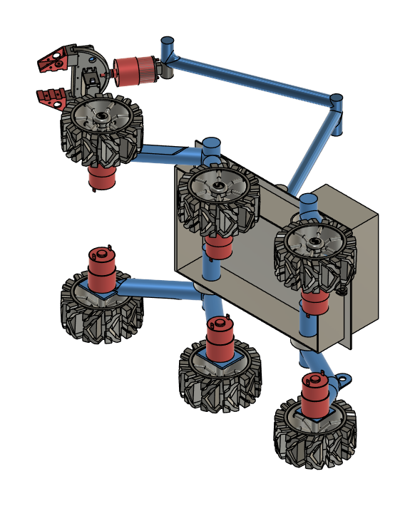 Actual 3D Fusion rover assembly: six knobby wheels with red gear motors, blue suspension frame and linkages, gray payload box, and an articulated arm with gripper