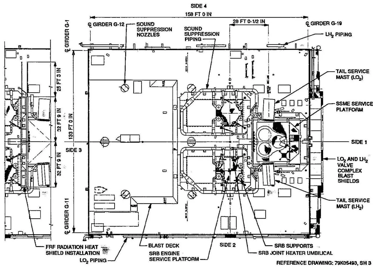 Top and front technical diagrams of a NASA mobile launcher platform