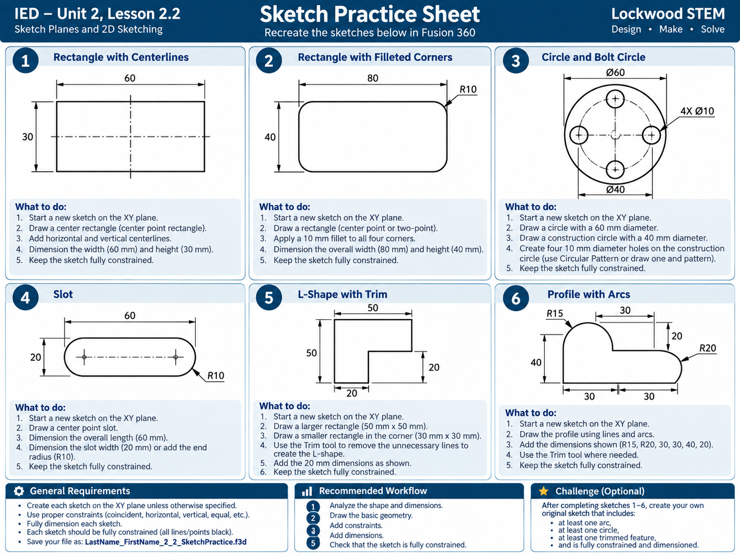 Lesson 2.2 sketch practice sheet showing multiple simple 2D sketch shapes for Fusion practice.