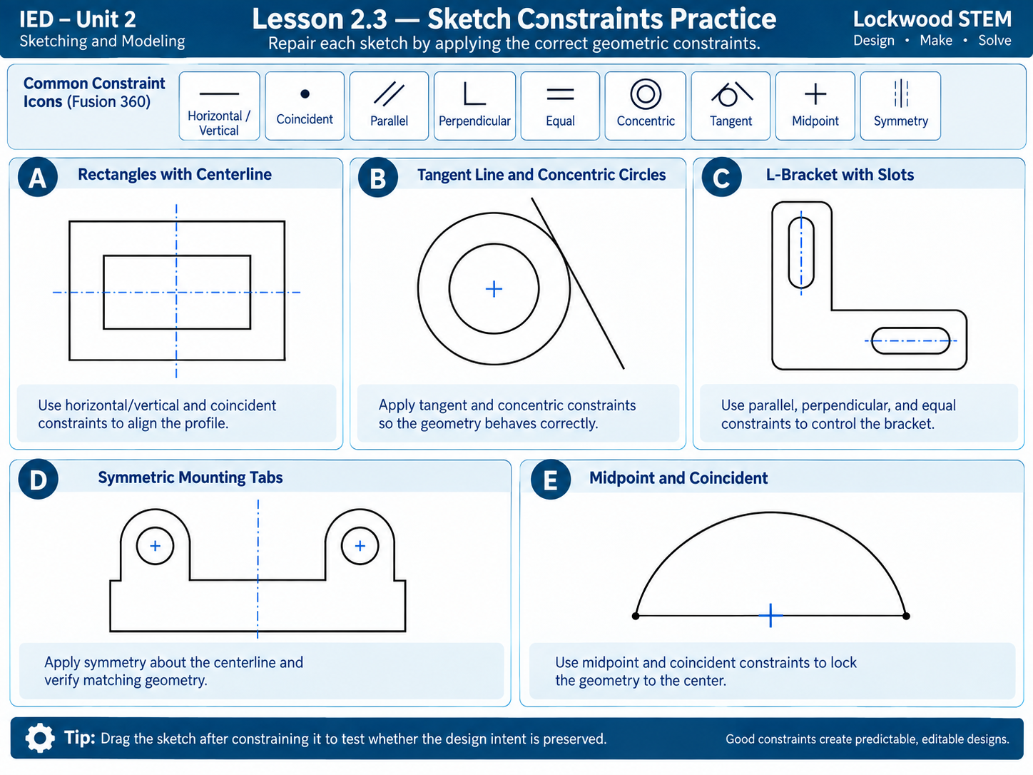 Lesson 2.3 sketch constraints practice sheet with example shapes and common constraint icons.