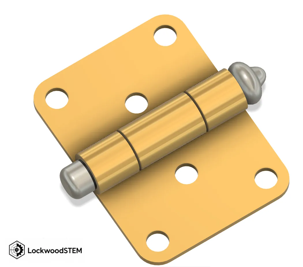 Illustrated assembled hinge with two gold mounting leaves, three aligned hinge knuckles and a silver pivot pin with retaining hardware.