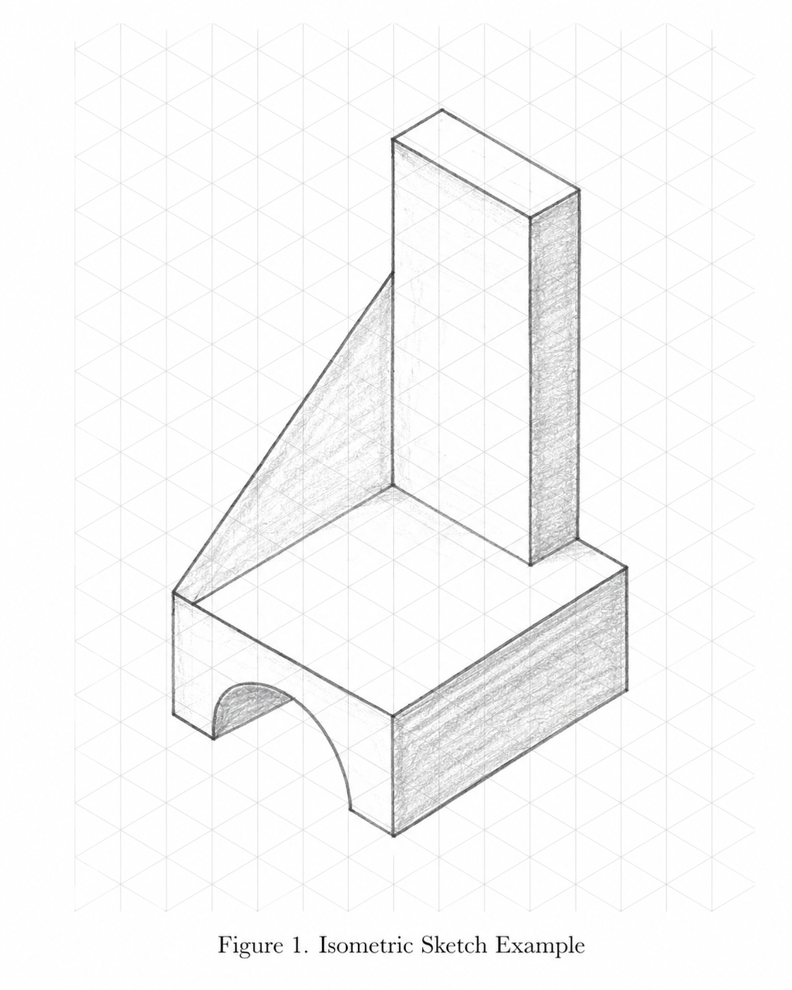 Isometric sketch of an aerospace bracket with a semicircular cutout, a tall wall, and a triangular gusset